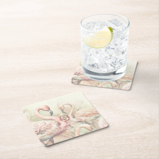 おしゃれなチックなフラミンゴのモノグラムパーソナライズ スクエアペーパーコースター (インサイチュ)