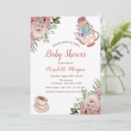 おしゃれなティーポットとティーカップの花のベイビーシャワー 招待状 (スタンド正面)