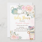 おしゃれなティーポットとピンクの花のベビーシャワー 招待状 (正面)