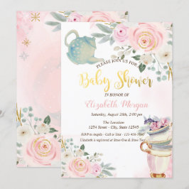 おしゃれなティーポットとピンクの花のベビーシャワー 招待状