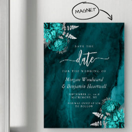 おしゃれなティールシルバーのフラワー ウェディング Save the Date マグネット招待状