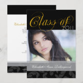 おしゃれなテキストの卒業式：ブラック＆ゴールド 招待状 (正面/裏面)