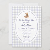 おしゃれなテディベアのギンガム出産前祝い招待状 案内状 (正面)