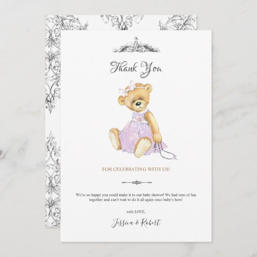 おしゃれなテディベアの小さな女性への感謝カード 招待状 (正面/裏面)