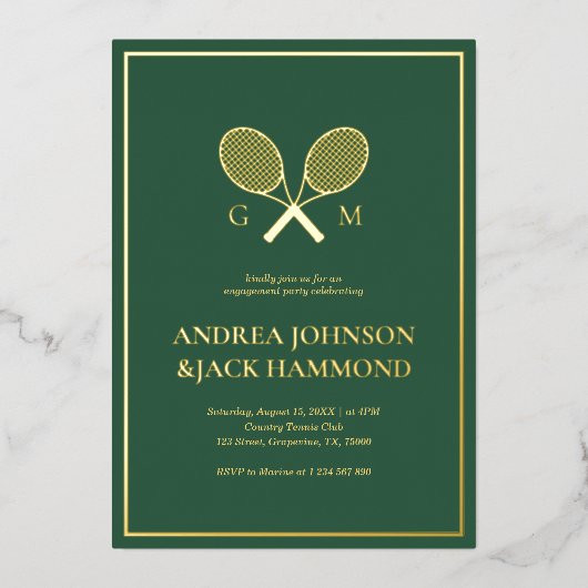 おしゃれなテニスプレーヤーのエンゲージメントパーティー招待状 箔招待状 (正面)