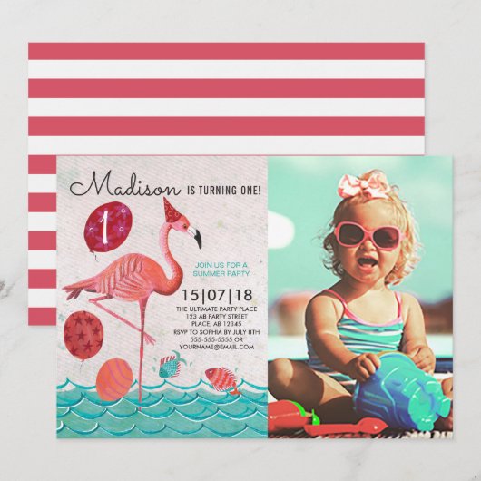 おしゃれなトロピカルターコイズ&ピンクのフラミンゴ誕生日 招待状 (正面/裏面)