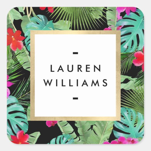 おしゃれなトロピカルプリントの水彩デザイナーブラック スクエアシール (正面)