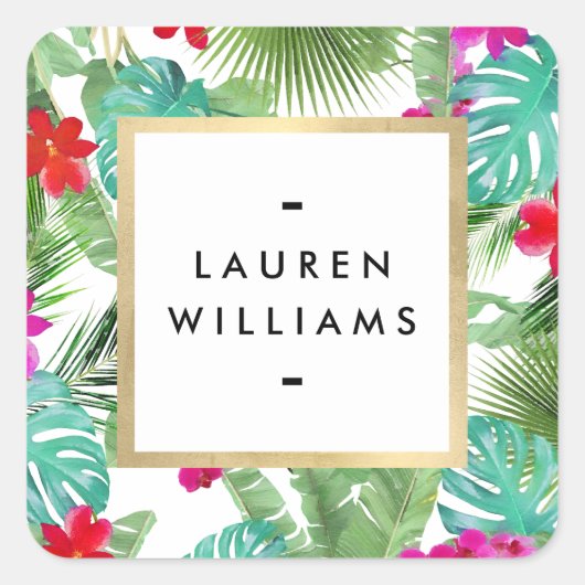 おしゃれなトロピカルプリントの水彩デザイナー スクエアシール (正面)