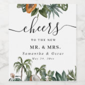 おしゃれなトロピカル水彩グリーンの葉 ワインラベル (シングルラベル)