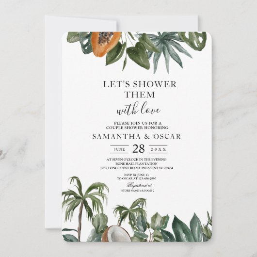 おしゃれなトロピカル水彩グリーンの葉 招待状 (正面)