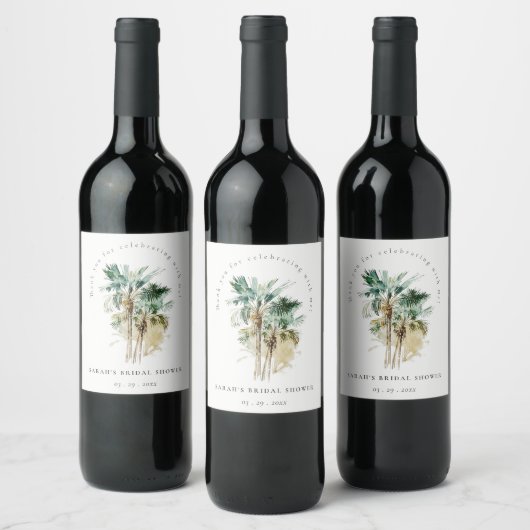 おしゃれなトロピカル ウォーターカラー ヤシの木 ブライダルシャワー ワインラベル (ボトル)