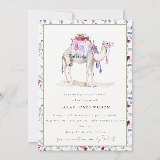 おしゃれなトロピカル モロッコのラクダ ベビーシャワー 招待状 (正面)
