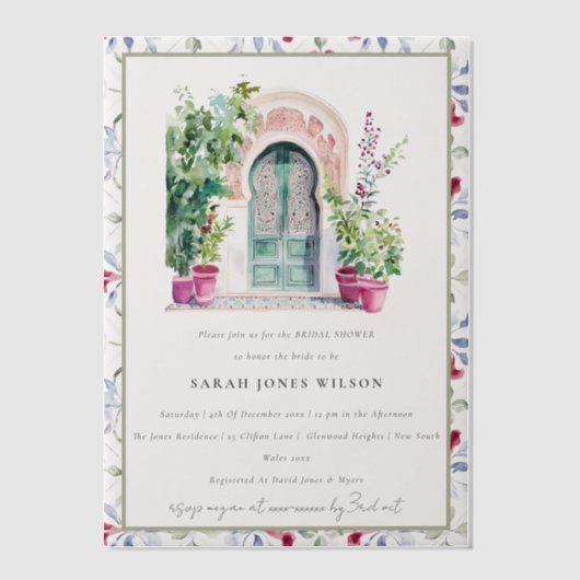 おしゃれなトロピカル モロッコ風 ドアウェイ ブライズシャワー ベラム紙招待状 (正面)