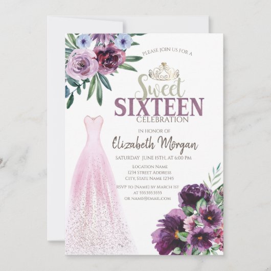 おしゃれなドレス、スイート16の紫の花 招待状 (正面)