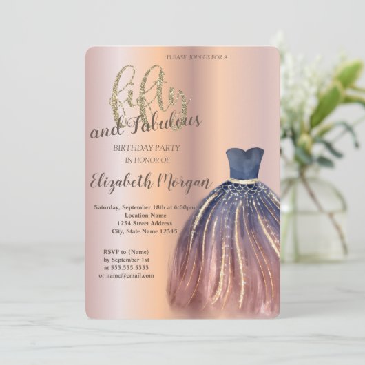 おしゃれなドレス、ローズゴールドの50歳の誕生日パーティー 招待状 (スタンド正面)