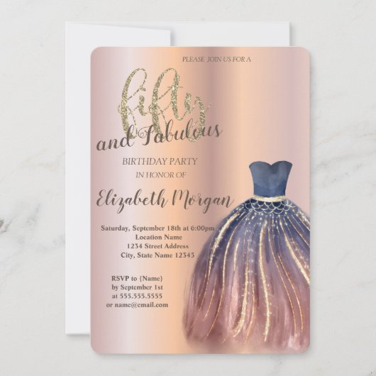 おしゃれなドレス、ローズゴールドの50歳の誕生日パーティー 招待状 (正面)