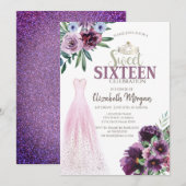 おしゃれなドレス、紫の花のスイート16 招待状 (正面/裏面)