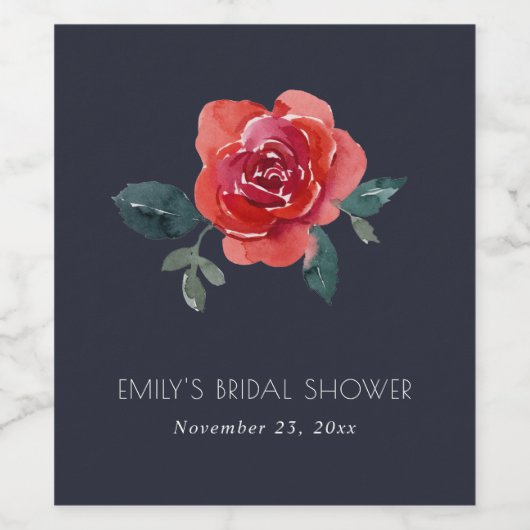 おしゃれなネイビーと赤と緑のローズフラワーのウェディングシャワー ワインラベル (シングルラベル)