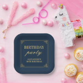 おしゃれなネイビーゴールドのギャツビーアールデコフレームの誕生日 ペーパープレート (パーティー)