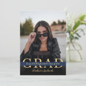 おしゃれなネイビーブルーとゴールドの写真 卒業式 招待状 (スタンド正面)