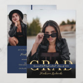 おしゃれなネイビーブルーとゴールドの写真 卒業式 招待状 (正面/裏面)