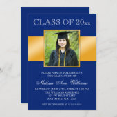 おしゃれなネイビーブルーとゴールドの卒業パーティー発表 招待状 (正面/裏面)