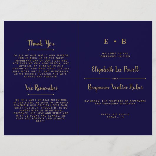 おしゃれなネイビーブルーとゴールドの結婚式プログラムテンプレート (正面)