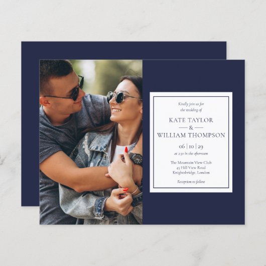 おしゃれなネイビーブルーの節約ウェディング招待状 (正面/裏面)
