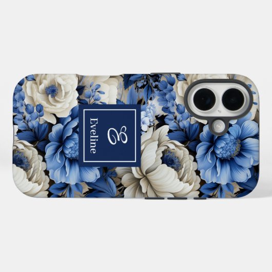 おしゃれなネイビーブルーの花柄iPhoneケース カバー (裏面 (横))