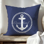 おしゃれなネイビーブルー&ホワイトの航海アンカー モノグラム クッション