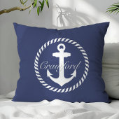 おしゃれなネイビーブルー&ホワイトの航海アンカー モノグラム クッション