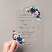 おしゃれなネイビーローズゴールドのピンクのバラの花の幾何学模様の結婚式 アクリル招待状 (インサイチュ (ポータブル))