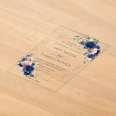 おしゃれなネイビーローズゴールドのピンクのバラの花の幾何学模様の結婚式 アクリル招待状 (レイダウン)