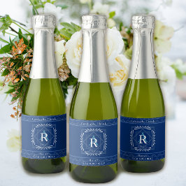 おしゃれなネイビー モノグラムフレーム スパークリングワインラベル