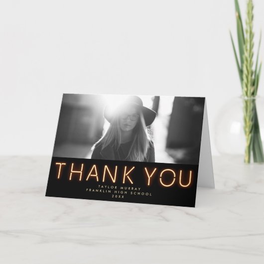 おしゃれなネオンライトの卒業写真 サンキューカード (正面)