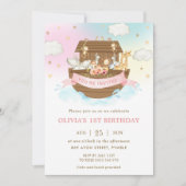 おしゃれなノアの箱舟 キュートな動物の女の子の誕生日パーティー 招待状 (正面)