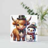 おしゃれなハイランド牛と雪だるまの友達 シーズンカード (スタンド正面)