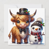 おしゃれなハイランド牛と雪だるまの友達 シーズンカード (正面)