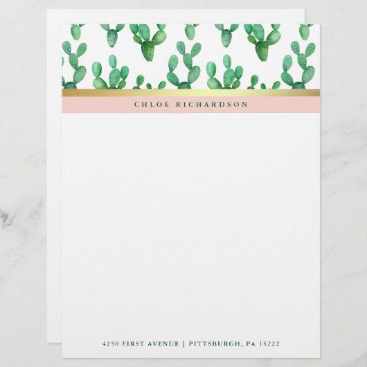 おしゃれなハスのような植物 | バラ色と偽の金の砂漠のパターン レターヘッド (正面/裏面)