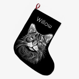 おしゃれなハンドドローンブラック&ホワイト猫ベッドの名入れ ラージクリスマスストッキング