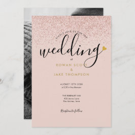 おしゃれなハート ローズゴールド グリッター フォト ウェディング 招待状