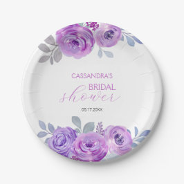 おしゃれなバイオレットローズグリーンの花の結婚前お祝いパーティー ペーパープレート