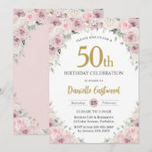 おしゃれなバラの ブルッシュ ダスティピンク 花 モダン 50歳 60歳 誕生日 招待状 (正面/裏面)