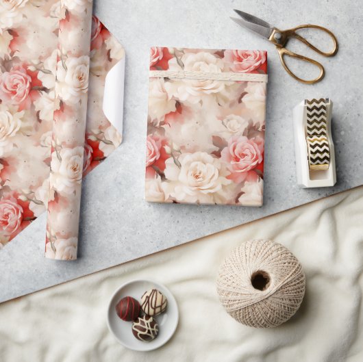 おしゃれなバラピンクの花のハート ウェディングシャワー ラッピングペーパー (クラフト)