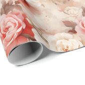 おしゃれなバラピンクの花のハート ウェディングシャワー ラッピングペーパー (ロールコーナー)