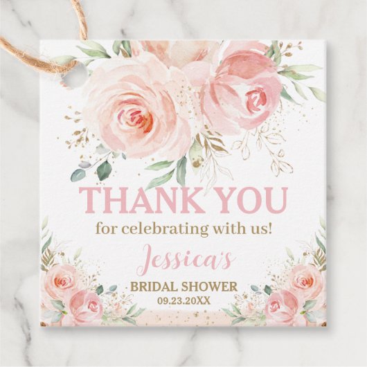 おしゃれなバラピンクの花のベビー ブライダルシャワー 誕生日 フェイバータグ (正面)