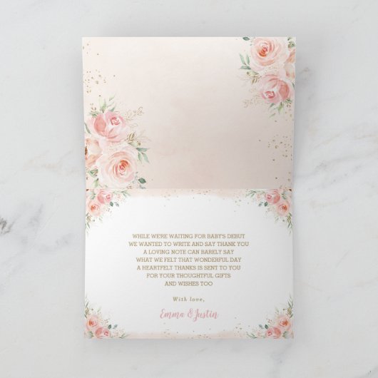 おしゃれなバラピンクの花柄ベビー ブライダルシャワー ウェディング サンキューカード (内部)