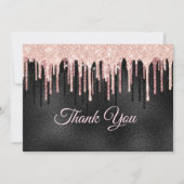 おしゃれなバラ色のチーク、黒のグリッター垂れ下がったモノグラム サンキューカード (正面)