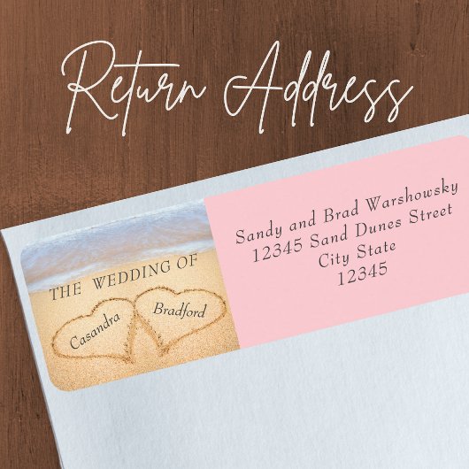 おしゃれなバラ色のビーチウェディング　ハートの砂　２ ラベル