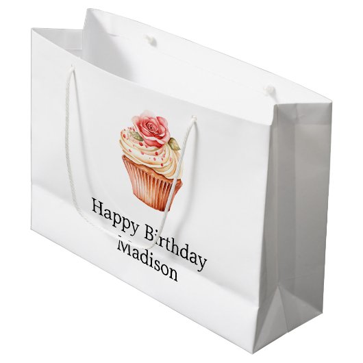 おしゃれなバラ色のピンクのカップケーキの誕生日 ラージペーパーバッグ (正面アングル)